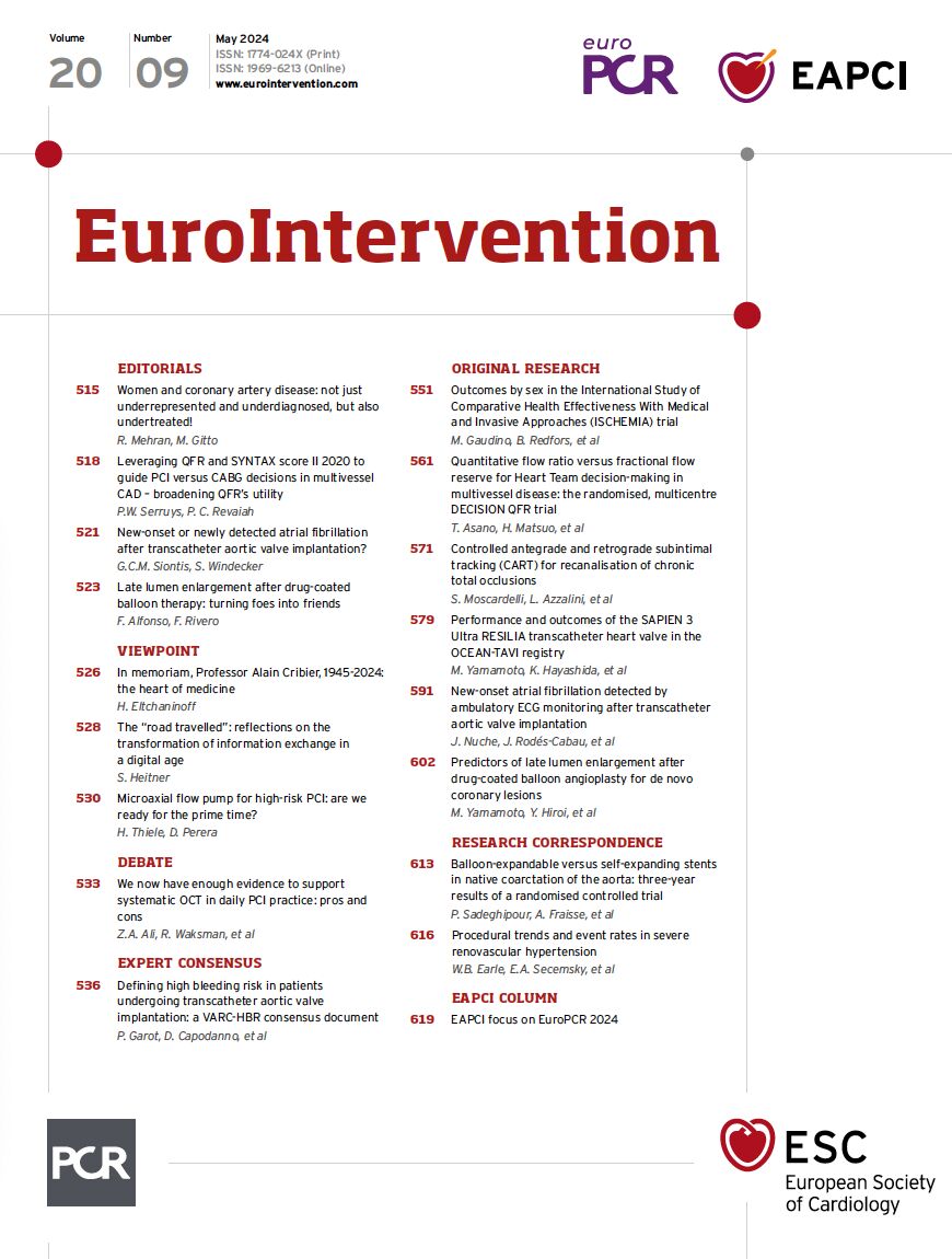 The special #EuroPCR 2024 issue of EuroIntervention is online, and there is something to suit everyone's taste. Here are some of the questions addressed or discussed this week.

Invasive management and decision making
·  Did sex modify the outcomes of the ISCHEMIA trial?
·  Can