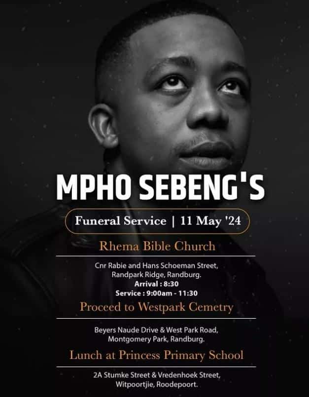 The late actor Mpho sebeng funeral service sets taking place at Rhema Bible Church today, Saturday and he will be laid to rest at Westpark cementery in Johannesburg