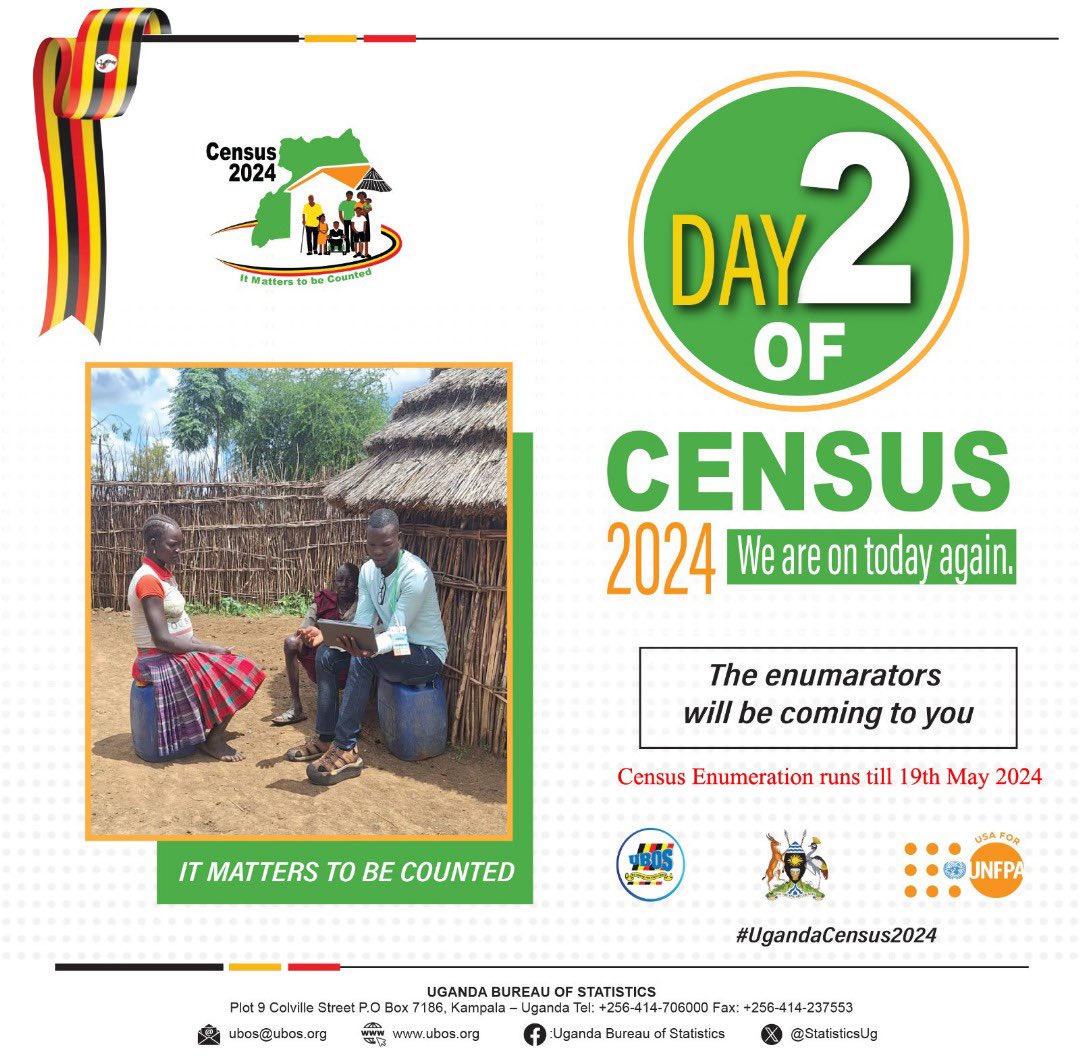 It’s Day 2 of the #UgandaCensus2024 and enumerators will come to you to get the data needed It matters to be counted @UNFPAUganda, @UBOS_ED, @StatisticsUg, @mofpedU, @CHRISBARYOMUNSI,@UgandaMediaCent,@AmosLugoloobi, @OPMUganda,@GCICUganda, @MoICT_Ug