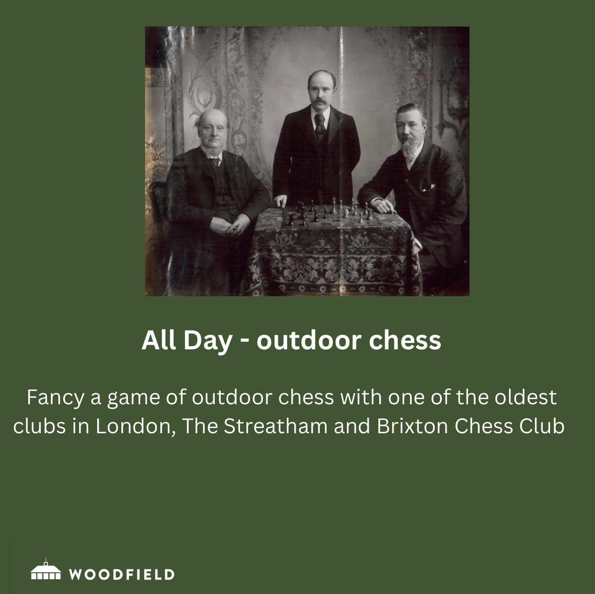 Outdoor chess with @Streathamchess at The Woodfield Pavilion on their Heritage Day 1st June 2024 The Woodfield Pavilion is situated on the edge of Tooting Bec Common and accessible from the 'triangle field' or 16A Abbotswood Road, SW16 1AP #Chess #LocalHistory #HeritageDay