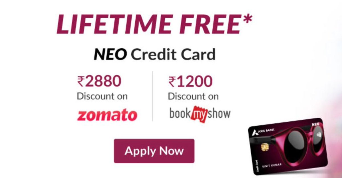 💳 Axis Neo Credit Card 💳 

👉🏿 Best Card for Daily Lifestyle Expenses

🔥 Lifetime FREE  - No Joining Fees / No Annual Charge

Apply Here ➡️ bitli.in/c8ZK2U6

📌 Benefits:
✅ 40% Off On Zomato (2 times in a month)
✅ 10% Off On Bookmyshow
✅ 10% Off On Myntra 
✅ 5% Off…