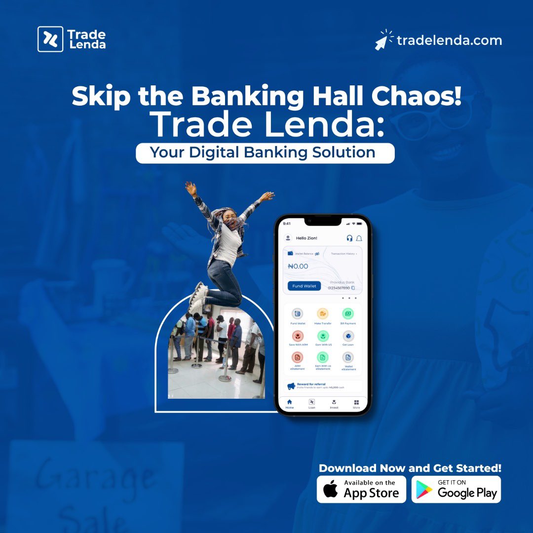 Tired of waiting in endless queues at the bank? 

Make the switch to Trade Lenda, the digital bank designed for Africa. Enjoy seamless banking without the hassle of long lines and paperwork.

Sign up now!
tradelenda.com/sign_up

#TradeLenda #DigitalBanking #SkipTheQueue
