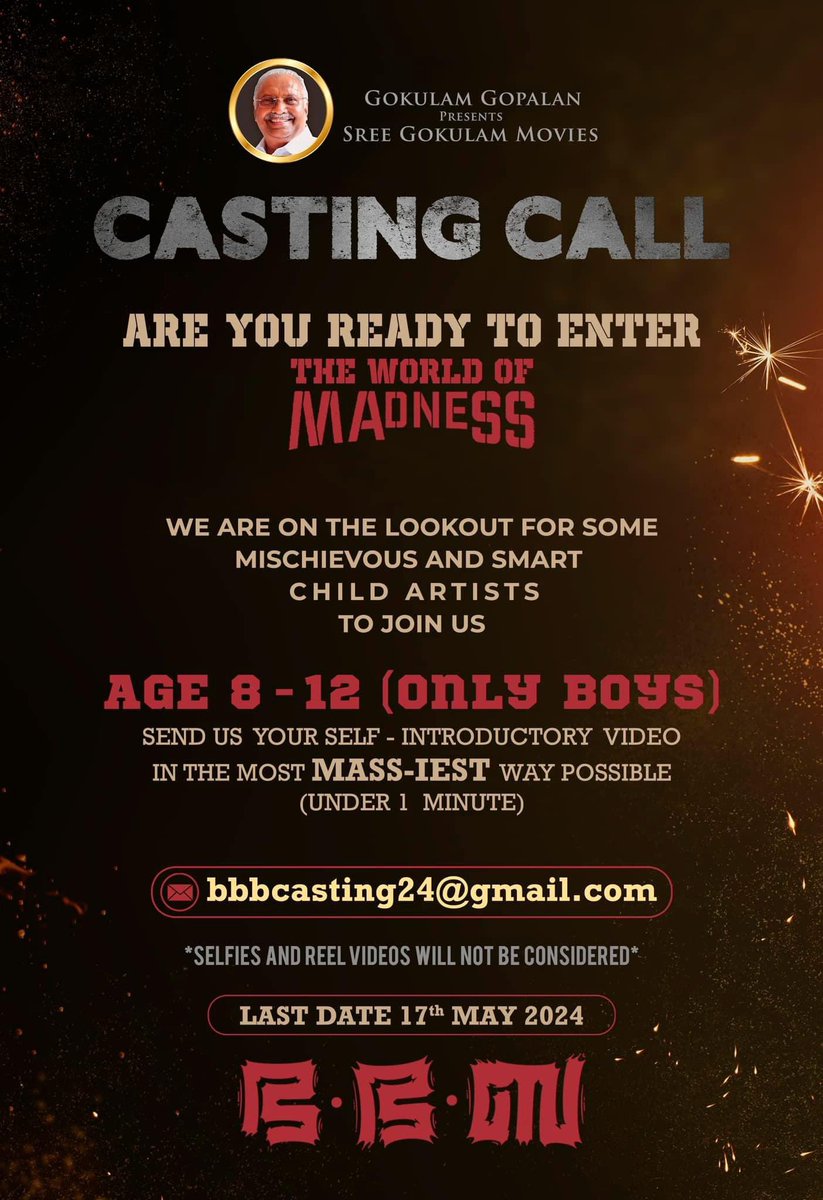 Casting Call 🎭 Feature Film (Malayalam) 

Looking for Boy actors. Check

#arh #auditionsarehere #castingcall #malayalam #malayalamcinema #malayalamfilm #malayalammovie #mollywood #featurefilm #boyactor #girlactress #maleactor #maleactors #gokulamgopalan #sreegokulammovies