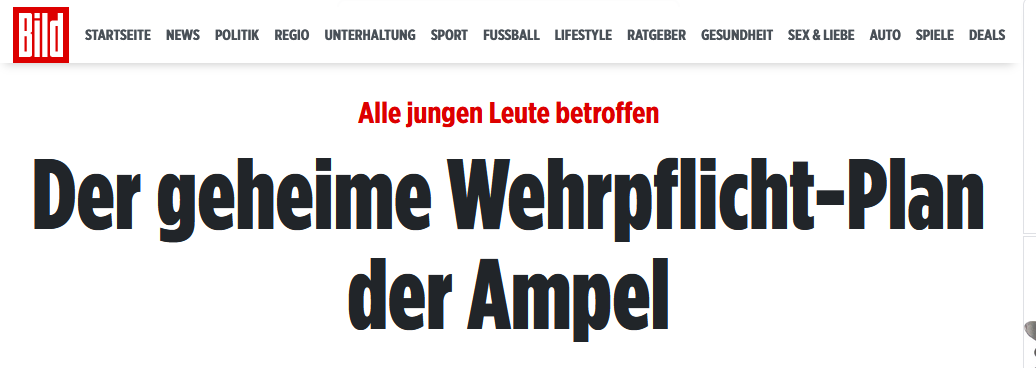 'BILD erfuhr: Hinter den Kulissen hat Pistorius’ Ministerium Konzepte für eine Rückkehr zur Wehrpflicht ausarbeiten lassen.'
'Für dieses Modell müsste das Grundgesetz geändert werden.'
GG Art. 4: 'Niemand darf gegen sein Gewissen zum Kriegsdienst mit der Waffe gezwungen werden'