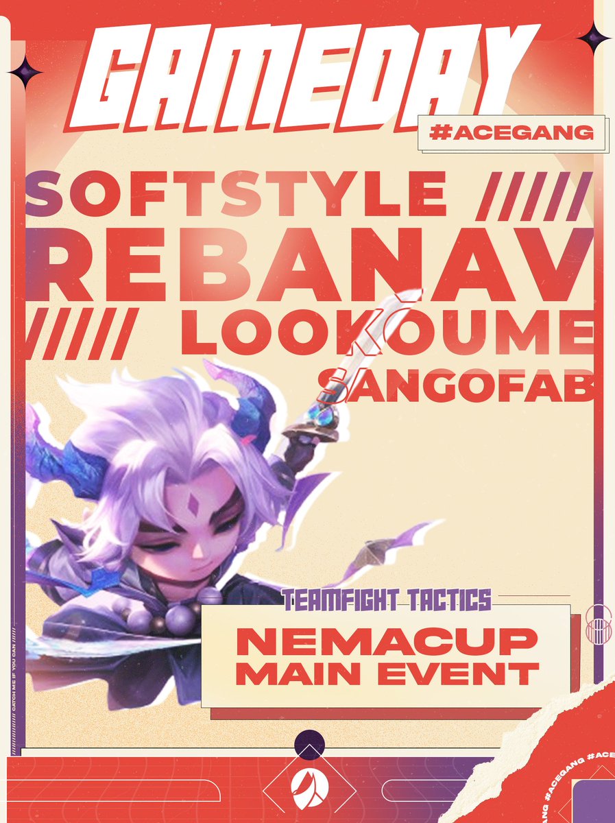 💥// C'est l'heure pour nos 4 champions <a href="/Softstyl/">Softstyle</a> <a href="/TftRebanav/">Rebanav</a> <a href="/ACE_Lookoume/">Lookoume</a> et <a href="/SanGofab/">SanGofab</a> d'affronter ce Main Event de la #Némacup ! 

64 joueurs, 3 jours de compétition, c'est parti ! 

Retrouvez la POV de <a href="/Softstyl/">Softstyle</a> ▶️twitch.tv/softstyl