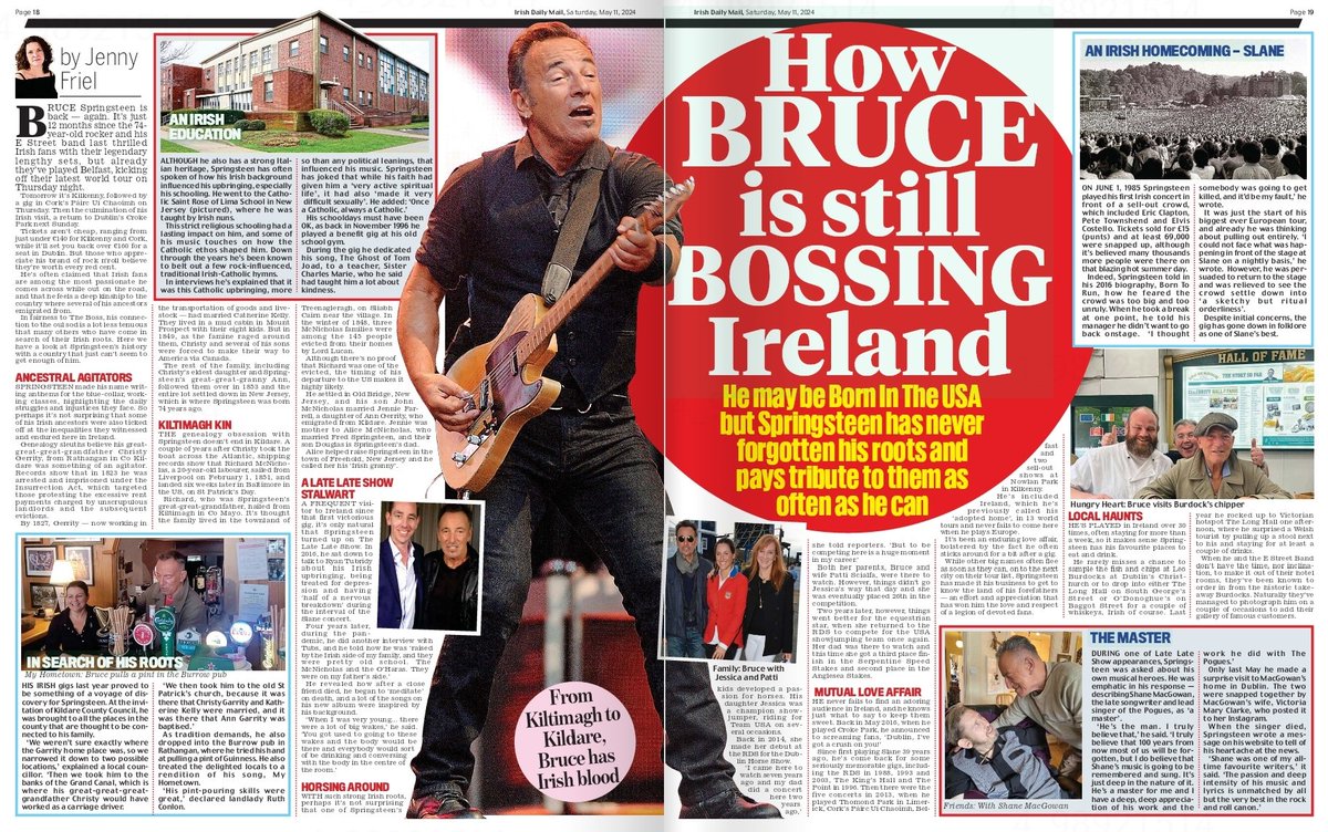 Bruce Springsteen talking about @ShaneMacGowan in the Irish Daily Mail 11 May issue. 
(Full article also attached.)
@Victoriamary