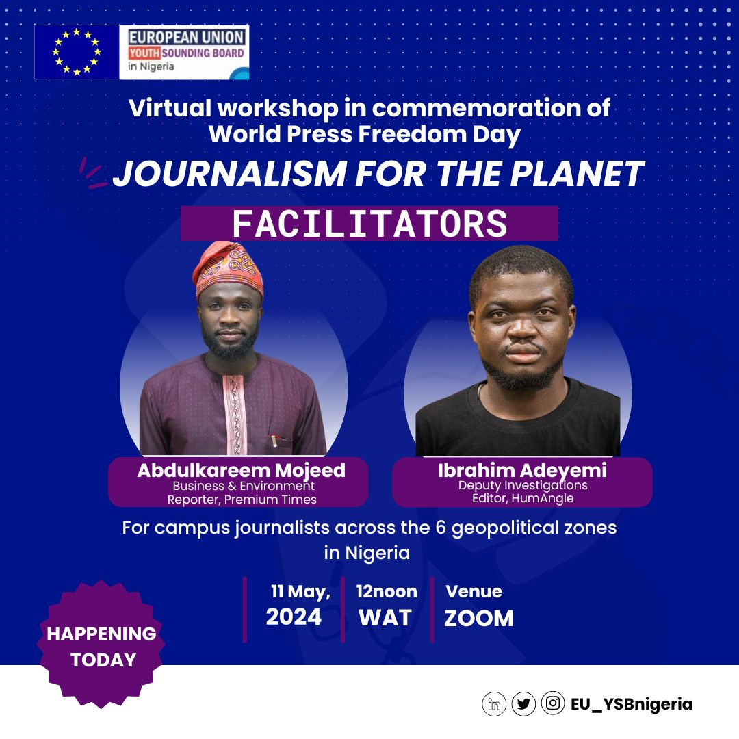 TODAY, we will empower campus journalists with tools required to reshape perceptions, conduct thorough investigative pieces, & report for the people & the planet. 

It promises to be transformative. 

#EUYSBNigeria #PressFreedom #WPFD2024