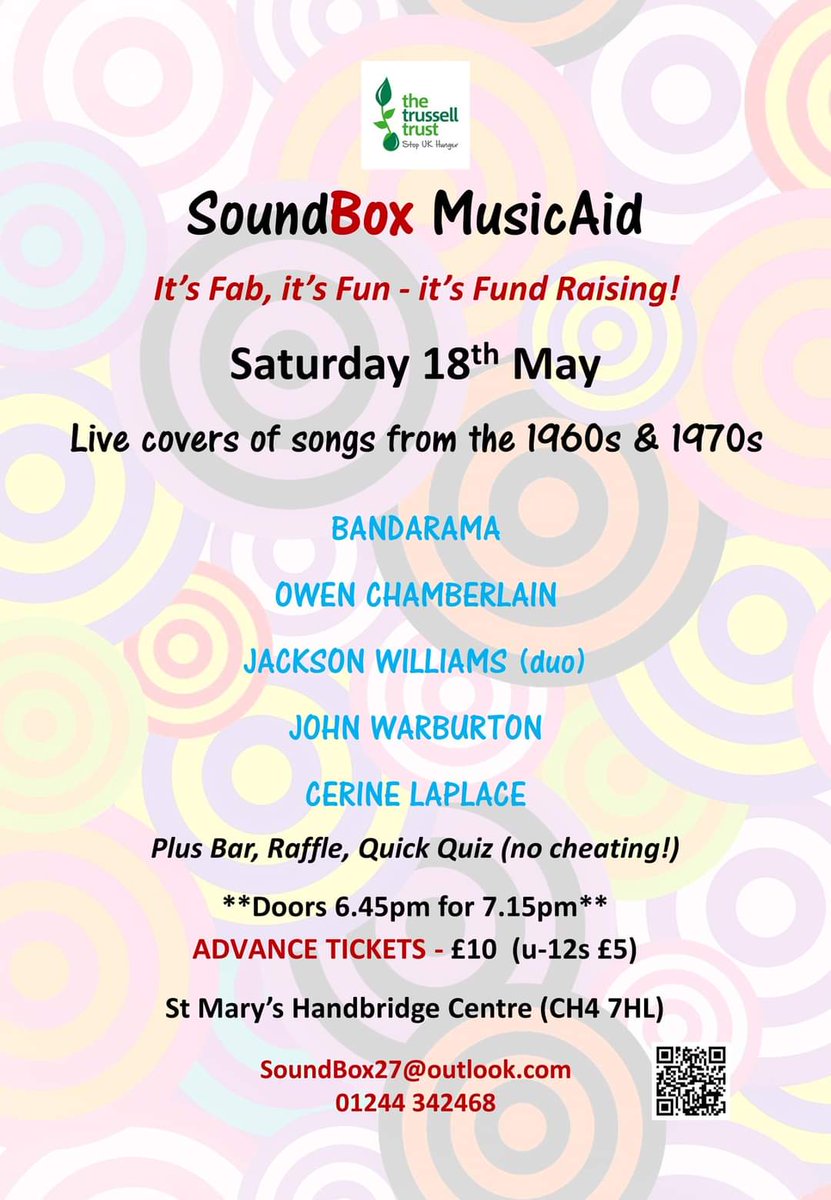 @HandbridgeLife  Calling local residents! Do you enjoy live music? Then please come along to our concert at St Mary's Handbridge Centre in aid of the @TrussellTrust emergency appeal, on 18 May (see poster image for event and contact details). 
Please book.