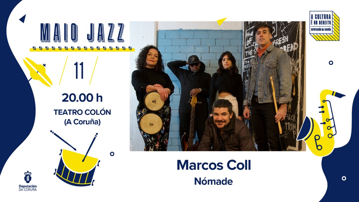 🟨 Xa está de volta o #MaioJazz, que hoxe comeza co concerto de Marcos Coll, a quen acompañarán a súa banda de Berlín e outros músicos convidados na gravación de 'Nómade', o seu disco máis recente. 🏛️ @TColonCoruna 🕗 20 h. 🎫 Entradas, de balde, en:  🔗 i.gal/DDXXA