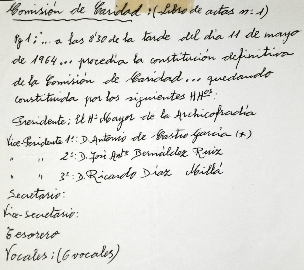 El 11 de mayo de 1964 se acordó constituir la Comisión de Caridad de nuestra Archicofradía. Un recuerdo emocionado y agradecido a tantos hermanos que durante estos 60 años han anunciado al Señor de Pasión, haciendo el bien. 📄 Archivo de D. Francisco Navarro Sánchez del Campo