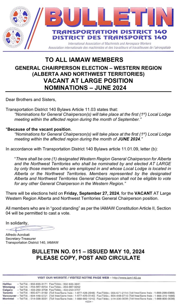 GENERAL CHAIRPERSON ELECTION – WESTERN REGION (ALBERTA AND NORTHWEST TERRITORIES) VACANT AT LARGE POSITION NOMINATIONS – JUNE 2024 district140.iamaw.ca/?p=30859 #IAM #IAMAW #union #canada #DL140 #labour