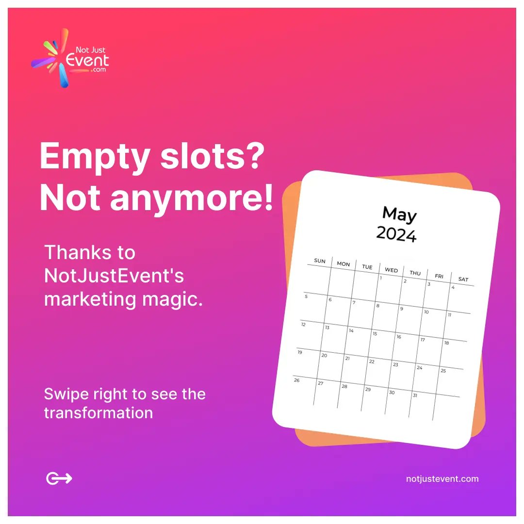 NotJustEventHQ's tweet image. Is your event calendar looking a little empty? NotJustEvent can help! 

That's where we come in! By signing up with us notjustevent.com, you'll gain access to a platform that's designed to transform your calendar from empty to busy.
#notjustevent #eventplanning