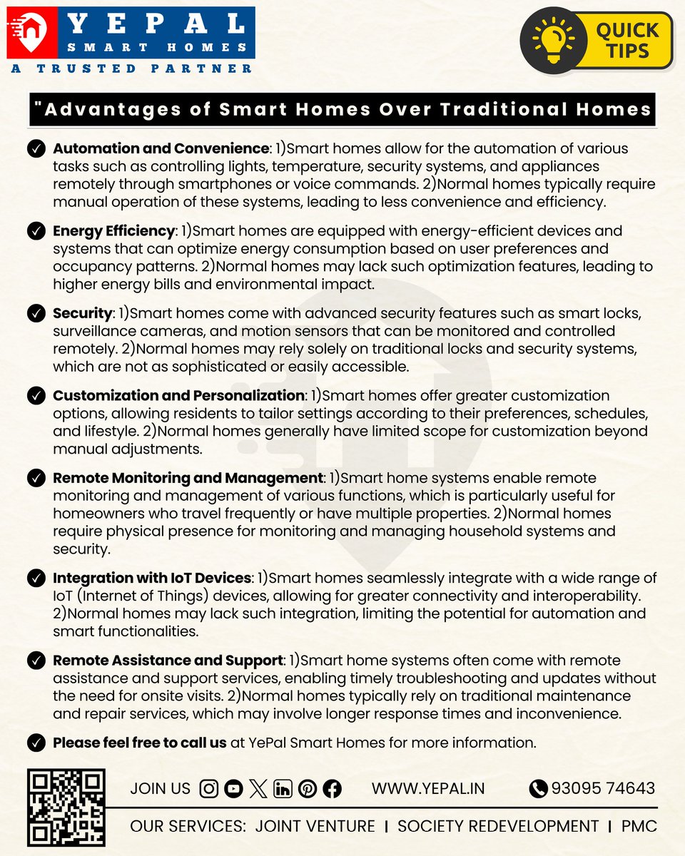 📶Smart Homes Vs Traditional Homes🛜
#smarthome #SmartLiving #SmartLivingForEveryone 
#yepalsmarthomes #yepalhousingdeveloper #yepalsocietyredevelopment #yepalconstruction #punepropertyportal #trustedbuilders #Trusteddeveloper #realestatedeveloper  #realestatepune  #DreamHome