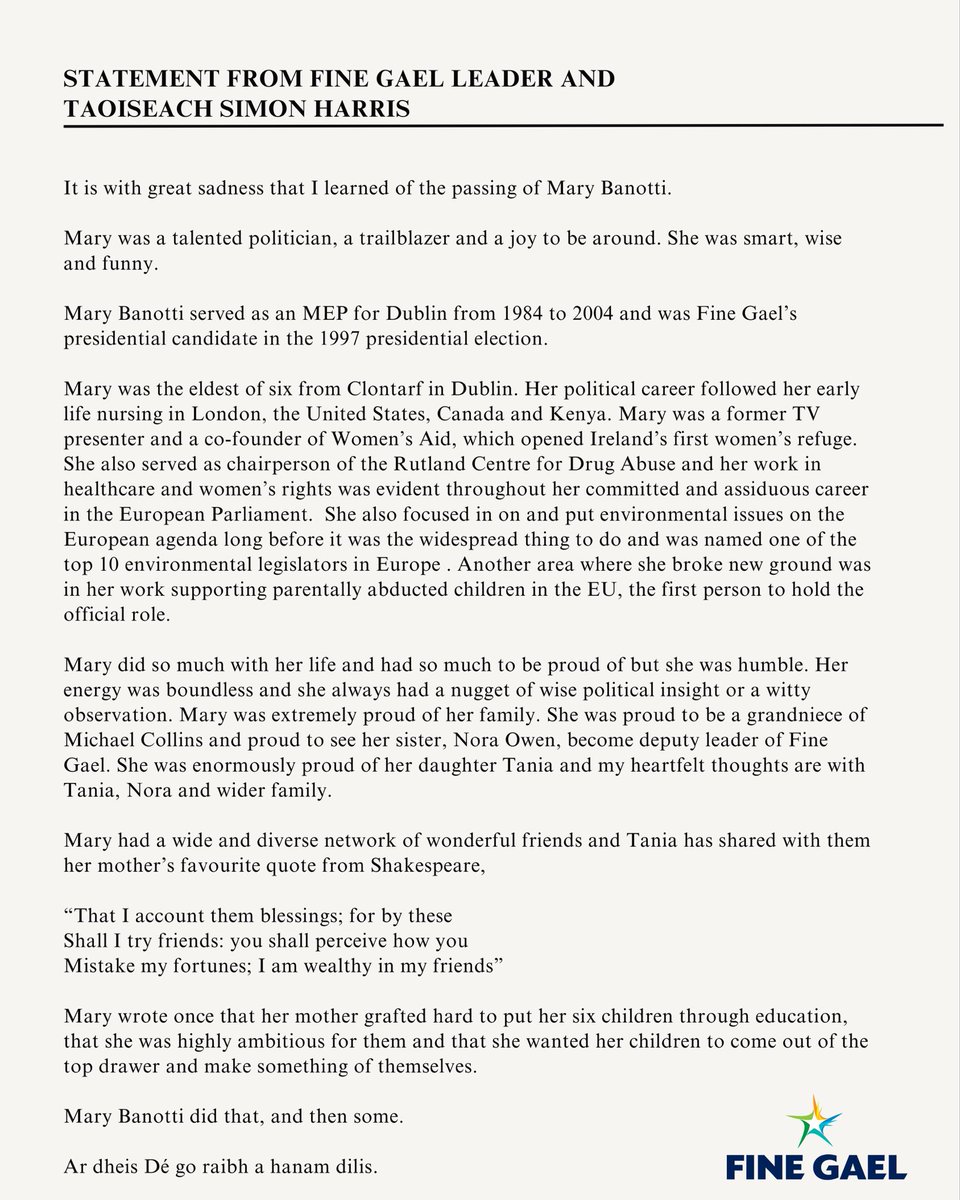 It is with great sadness that I learned of the passing of Mary Banotti. Mary was a talented politician, a trailblazer and a joy to be around. She was smart, wise and funny. She had impact, vision and determination. My statement below. My deepest sympathy to her family