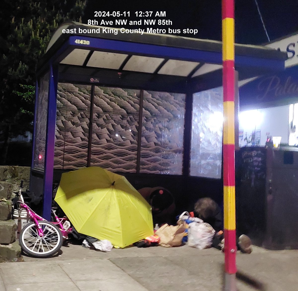 2024-05-11  12:37 AM, 8th Ave NW and NW 85th.
East bound King County Metro bus stop in north #Seattle. @MayorofSeattle @VisitSeattle @SeattleCouncil @KingCountyMetro