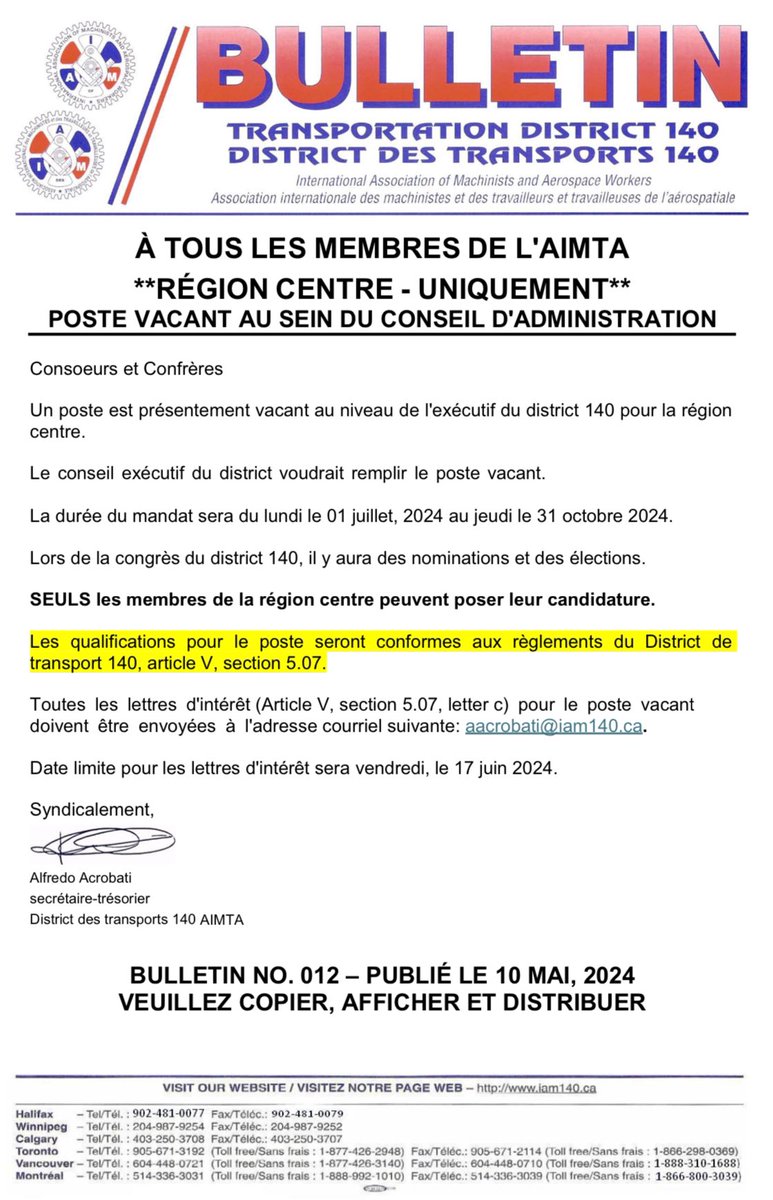 **RÉGION CENTRE – UNIQUEMENT** POSTE VACANT AU SEIN DU CONSEIL D’ADMINISTRATION district140.iamaw.ca/?p=30863&lang=… #AIM #AIMTA #union #canada #DL140 #labour