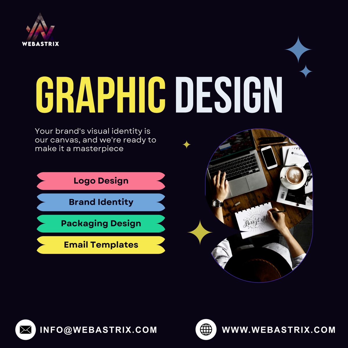 'Graphic Design.' . . . . .
.
.
'Empower Your Brand, Ignite Your Web Presence with @webastrixofficial !'
.
.
📧 info@webastrix.com
📞 +1 347 783 6855
