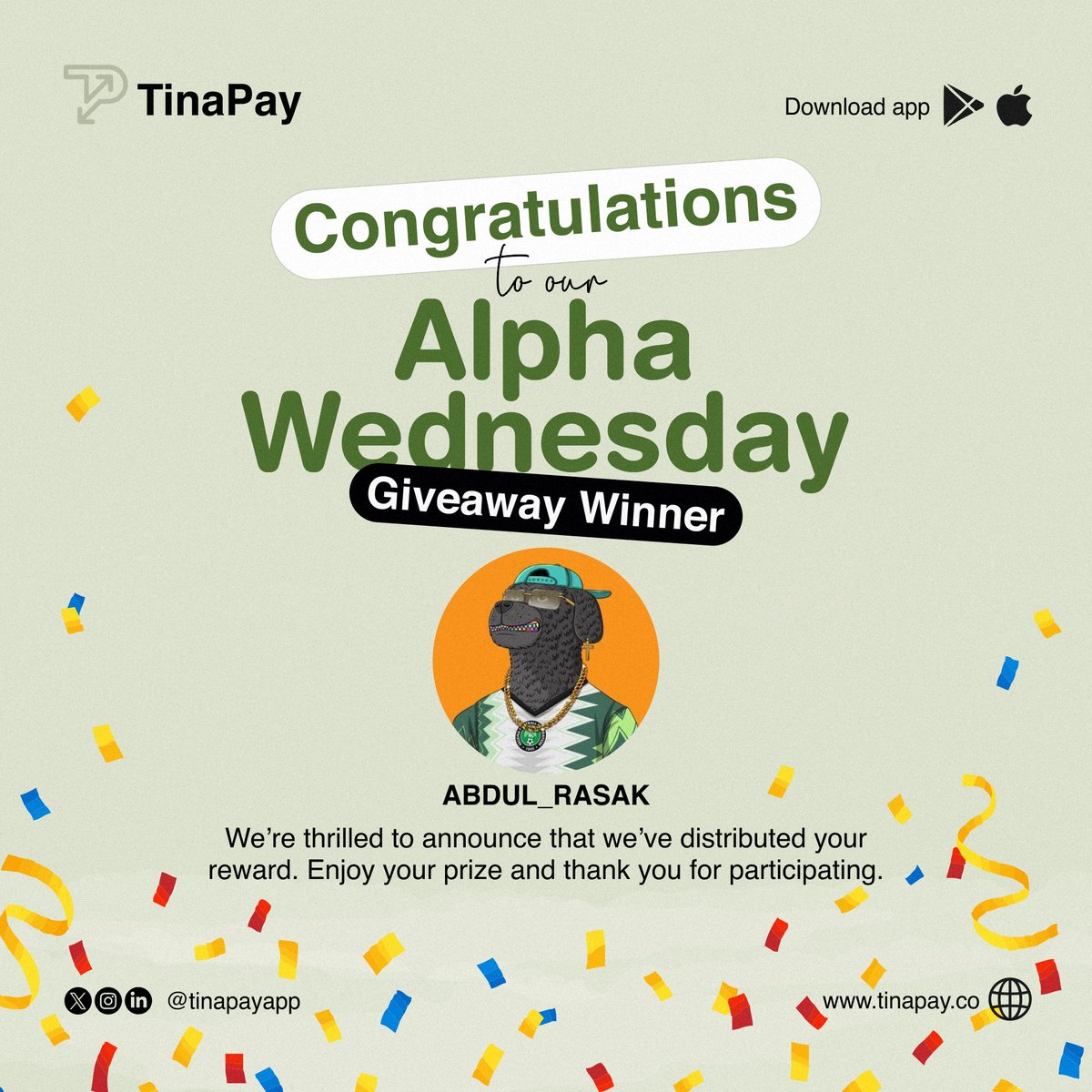 We are thrilled to announce the winner of our giveaway during the Alpha Wednesday show! Congratulations to @Abdul_rasak321 for winning the TinaPayGoodies and #5000.

@TinaPayapp will prepare your goodies, and we'll be in touch to collect your details for delivery. 💚😉