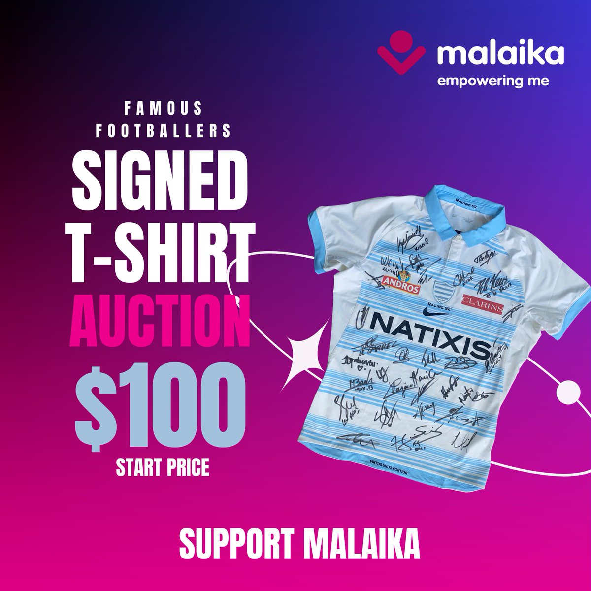 Bid to win! Our Goodwill Ambassador @yannicknyanga has generously organised an auction for this signed jersey from the rugby team @racing92, whereby all the funds received will go directly to Malaika. Please send enquiries/bids to info@malaika.org