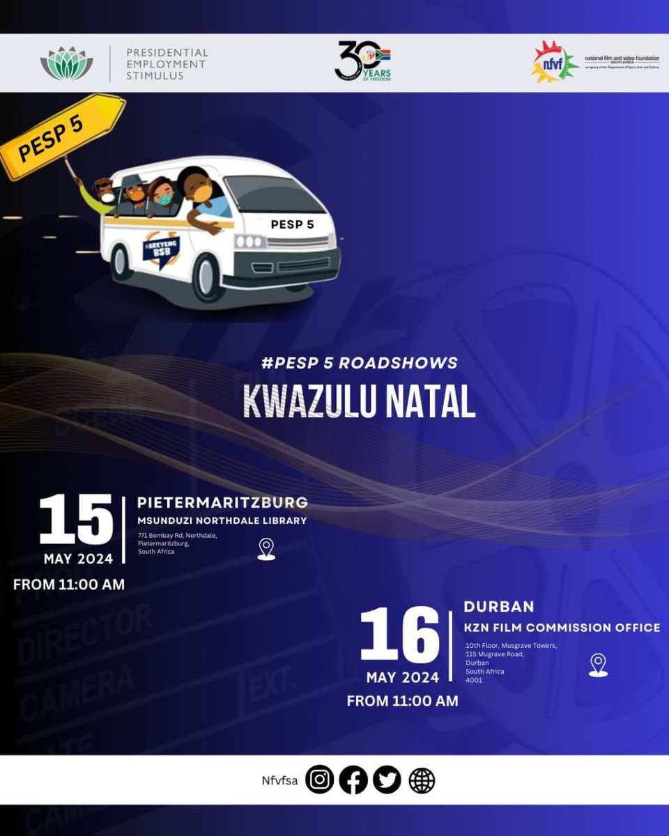 The KZNFilm invites Film industry to the NFVF PESP 5 roadshow on 16 May 2024. The PESP 5 team will be there to assist aspiring filmmakers with the application process & any queries! Time: 10:30AM RSVP to:NoluthandoD@kznfilm.co.za