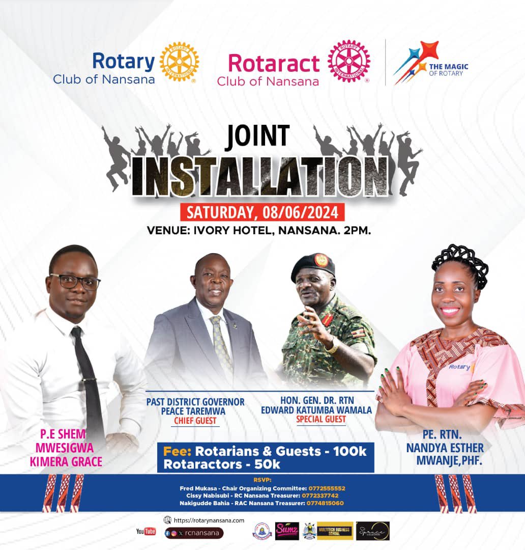 RC & RAC NANSANA JOINT INSTALLATION 🪄 The Rotary Club of Nansana, together with the Rotaract Club of Nansana, with great joy invite you to witness the installation ceremony of their future Magical Presidents; PE Esther and PE Shem respectively. #TheMagicOfRotary Details:👇🏾