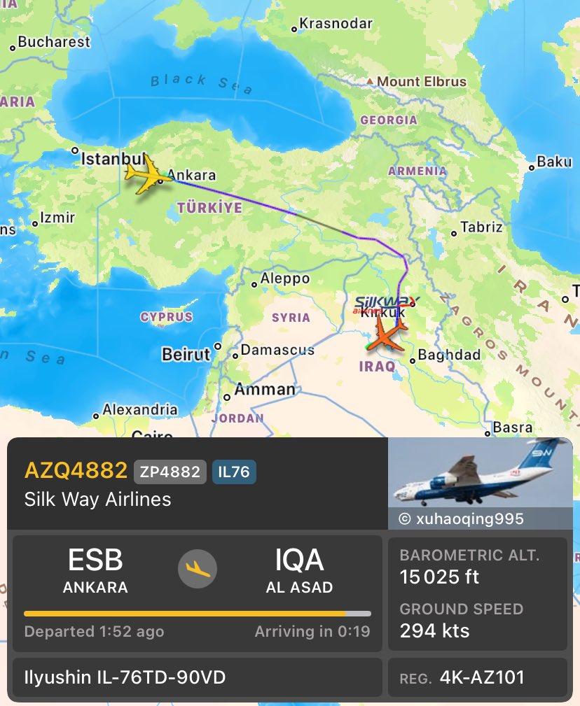 Spain Army chartered Cargo • Reinforcements in Ain Al Asad Air Base, Iraq 🇮🇶 

• Antonov Airlines An-124 (UR-82008) 
• Silk Way Airlines Il-76TD (4K-AZ101)

From Madrid Torrejón Air Base 🇪🇸 (3 weeks ago the An-124 was loaded with spanish Chinook Fs Helicopters)