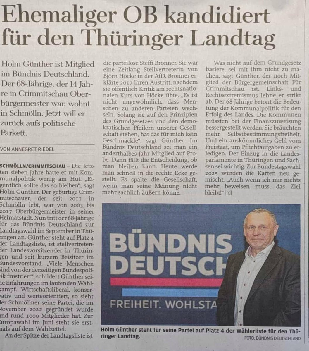 Ehemaliger Oberbürgermeister Holm Günther kandidiert für den Landtag in #Thüringen: freiepresse.de/zwickau/werdau…