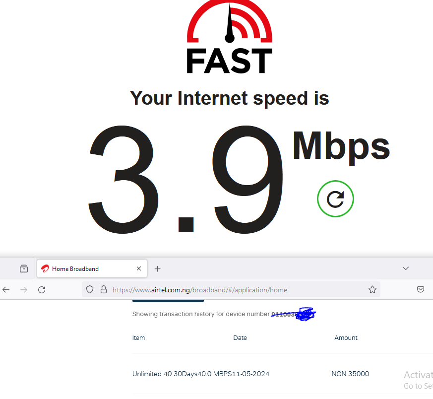 sainna's tweet photo. @AirtelNigeria ,@airtel_care, @NgComCommission 
This is not what I paid for 40.0Mbps and real speed 3.9Mbps
if you can't deliver 40.0Mbps please reverse my money https://t.co/cKIEpjshXo