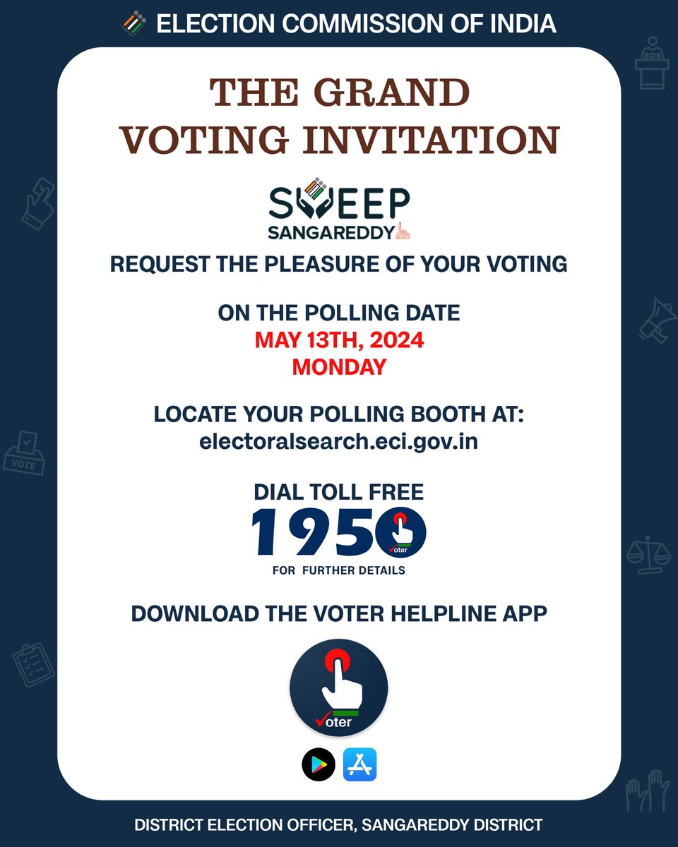 SVEEP Sangareddy (@sveepsangareddy) on Twitter photo Invitation to all the voters of Sangareddy District to step out and cast their vote on Monday, 13th May.
సంగారెడ్డి జిల్లా ఓటర్లందరూ మే 13వ తేదీ సోమవారం నాడు బయటకు వచ్చి ఓటు వేయవలసిందిగా ఆహ్వానం.
<a href="/CEO_Telangana/">Chief Electoral Officer Telangana</a> <a href="/DEO_SRD/">District Election Officer & Collector, Sangareddy</a> <a href="/ECISVEEP/">Election Commission of India</a>
#TelanganaElections2024 #Elections2024 #ECI Invitation to all the voters of Sangareddy District to step out and cast their vote on Monday, 13th May.
సంగారెడ్డి జిల్లా ఓటర్లందరూ మే 13వ తేదీ సోమవారం నాడు బయటకు వచ్చి ఓటు వేయవలసిందిగా ఆహ్వానం.
<a href="/CEO_Telangana/">Chief Electoral Officer Telangana</a> <a href="/DEO_SRD/">District Election Officer & Collector, Sangareddy</a> <a href="/ECISVEEP/">Election Commission of India</a>
#TelanganaElections2024 #Elections2024 #ECI