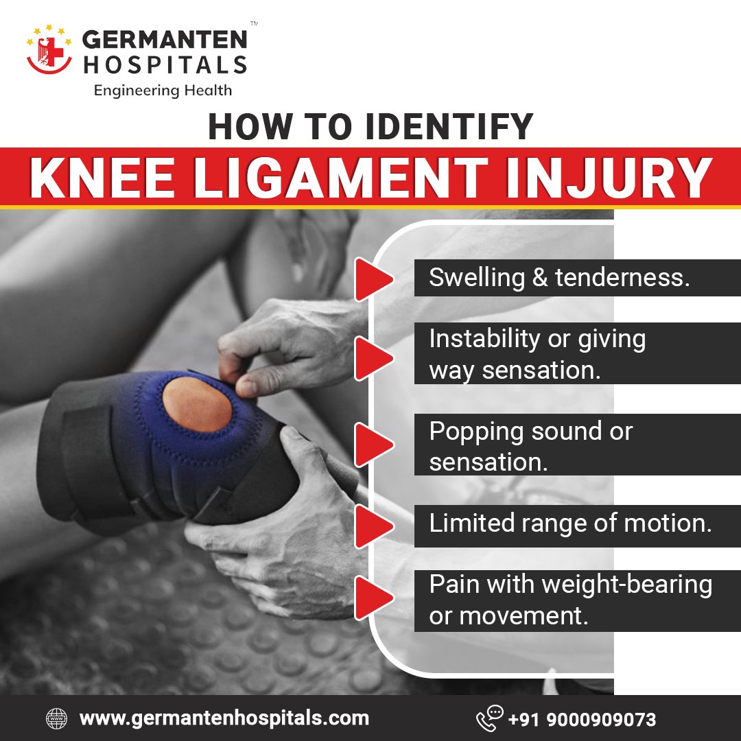 Identifying knee ligament injuries is crucial for prompt treatment. Look out for signs like swelling, instability, limited motion, and pain. Don't delay—seek expert evaluation to address your knee concerns.  #kneeinjury #orthopedics #painrelief #germantenhospital #sportsinjury