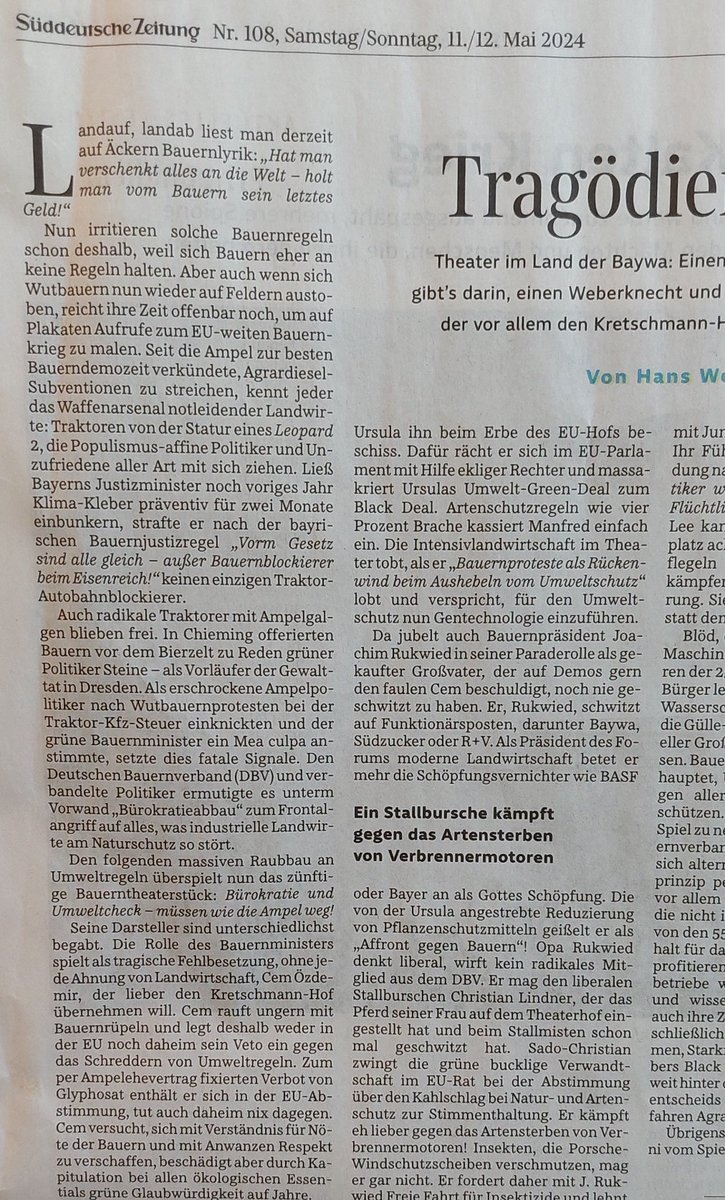 Hans Well, der begabteste Biermösl, in der <a href="/SZ/">Süddeutsche Zeitung</a>.
Über Terrorbauern und Schöpfungsvernichter.
Lesebefehl für:
<a href="/ManfredWeber/">Manfred Weber</a>  <a href="/JRukwied/">Joachim Rukwied</a> <a href="/c_lindner/">Christian Lindner</a> <a href="/cem_oezdemir/">Cem Özdemir</a> @BASF_DE und #bayer.