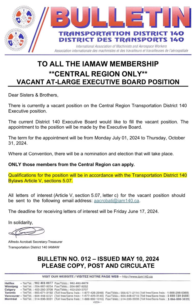 **CENTRAL REGION ONLY** VACANT AT-LARGE EXECUTIVE BOARD POSITION district140.iamaw.ca/?p=30867 #IAM #IAMAW #union #canada #DL140 #labour
