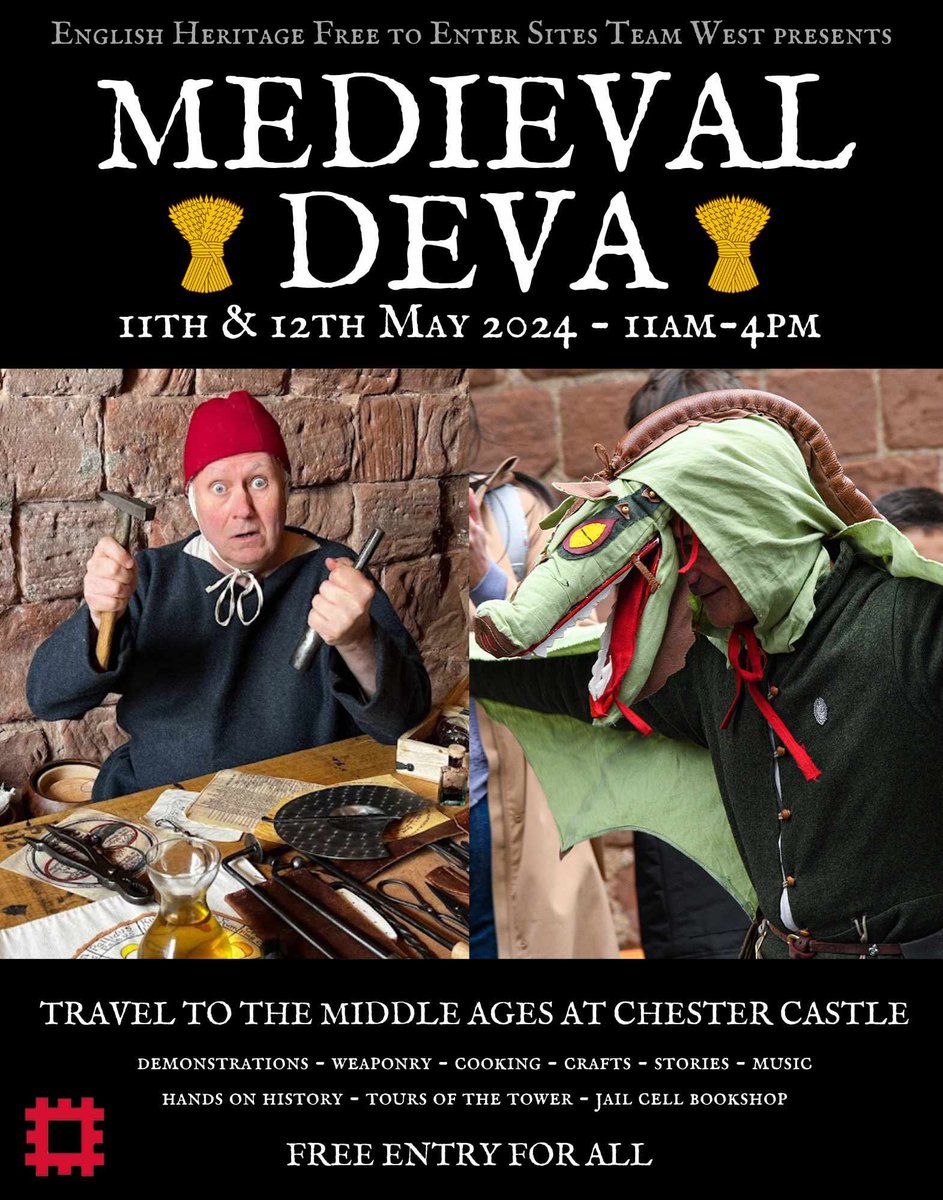 Our friends @EnglishHeritage are opening #Chester Castle today and tomorrow from 11am-4pm. Go along and experience Medieval Deva. Travel to the Middle Ages with demonstrations, weaponry, cooking, crafts, stories, and music, tower tours, and the jail cell bookshop. Entry is free!