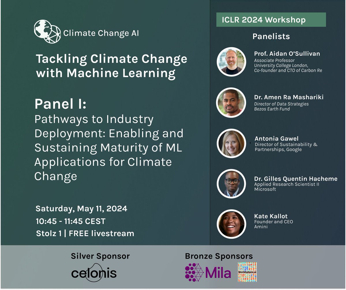 We're about to kick-off our first panel of the day, focused on industry deployment of ML for climate! Tune into the livestream now: climatechange.ai/events/iclr202…