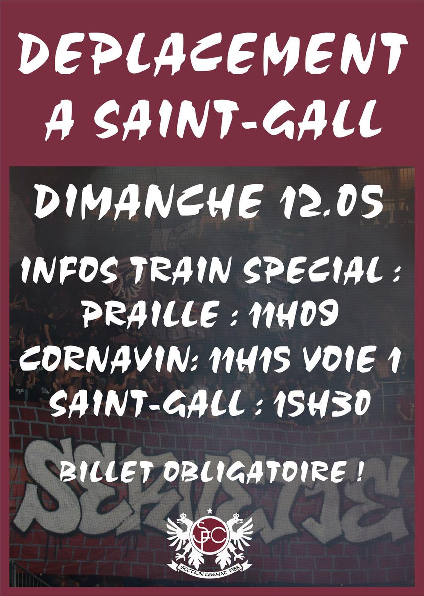 𝗘𝗻 𝗿𝗼𝘂𝘁𝗲 𝗽𝗼𝘂𝗿 𝗦𝗮𝗶𝗻𝘁-𝗚𝗮𝗹𝗹 🚝 Un train spécial est organisé ce dimanche pour le déplacement à Saint-Gall ! 🇱🇻 ℹ️ Toutes les informations ➡️ servettefc.ch/fans/deplaceme… ⚠️ Billet de train obligatoire