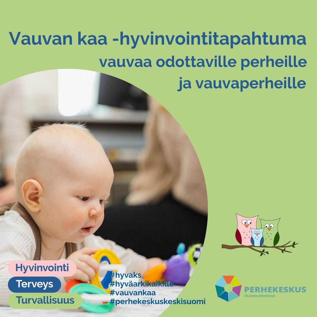 Äänekosken neuvolassa vietetään 18.5. klo 10-13 Vauvan kaa -​hyvinvointitapahtumaa. Tapahtuma esittelee eri toimijoiden vauvaa odottaville perheille ja vauvaperheille tarjoamia palveluja. hyvaks.fi/palvelumme/vau… #hyvaks #hyväarkikaikille #vauvankaa #perhekeskuskeskisuomi