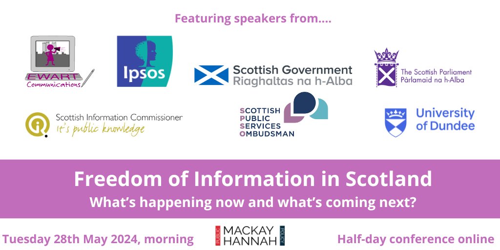 FOI in Scotland conference with speakers from @dundeeuni @FOIScotland @DvdHmltn @scotgov @KatySClark @SPSO_Ombudsman @IpsosScotland @EwartHumanRight @CampaignFOIScot Find out more tinyurl.com/yc39ydrp. Book your place and get 3 for 2. #FOI #FreedomOfInformation