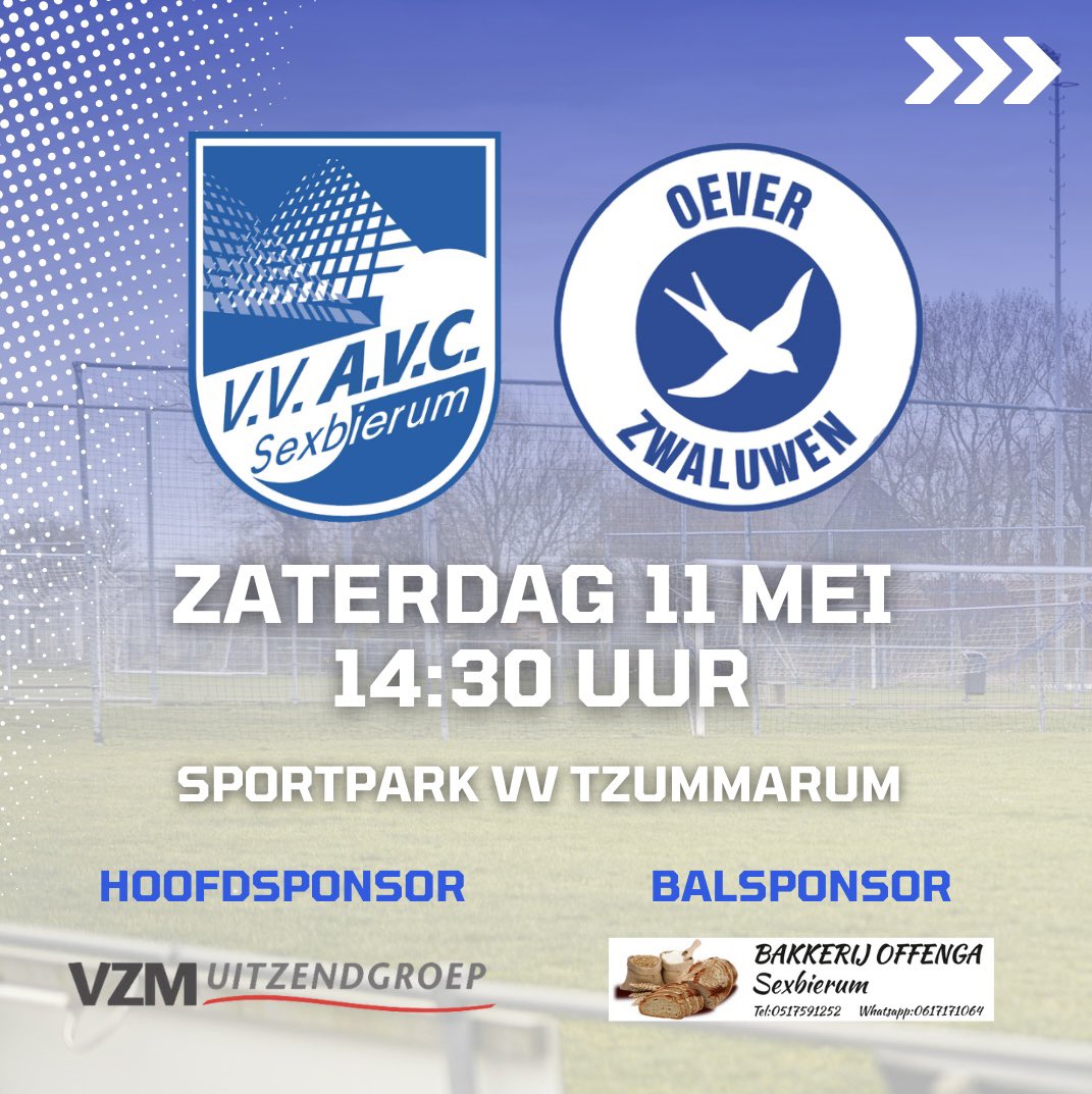 Vanmiddag de ontmoeting tussen AVC en Oeverzwaluwen! Deze wedstrijd wordt gespeeld op het sportpark van vv Tzummarum.