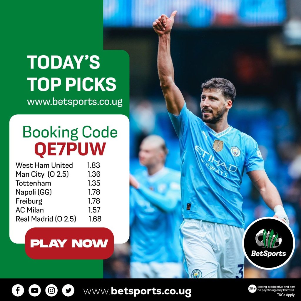🔥 Today's top picks from other punters at betsports.co.ug ODD 28.71 Booking Code: QE7PUW Start playing TODAY! 🎉 betsports.co.ug