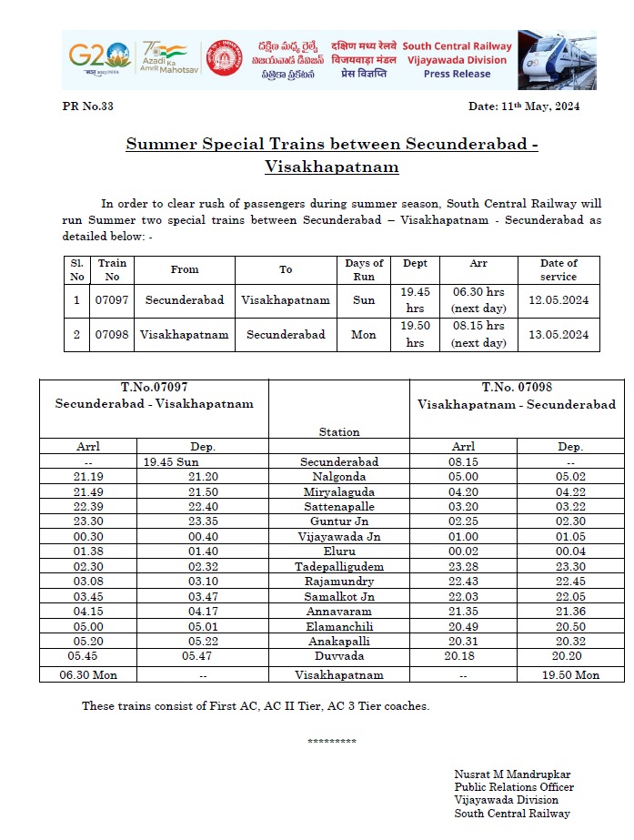 Attention Passengers, In order to facilitate passengers, SCR shall run two special services between Secunderabad - Visakhapatnam on 12 & 13th May, 2024. @SCRailwayIndia @RailMinIndia
