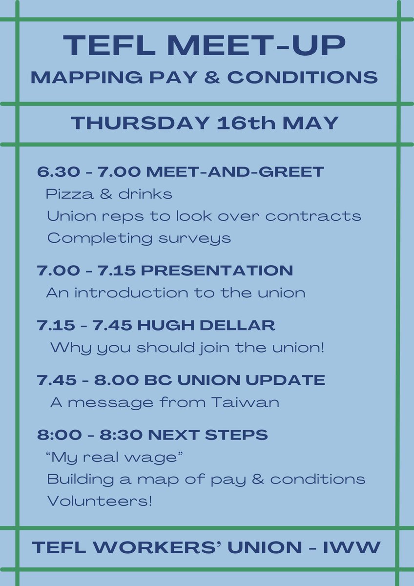 Our London #TEFL Meet-up is on Thursday! 🤓 Special guest @hughdellar 📍@maydayrooms Free 🍕&🥤 Register ➡️ alturl.com/w4gx7 Order of events ⬇️ #elt #union #MakeTEFLaCareer