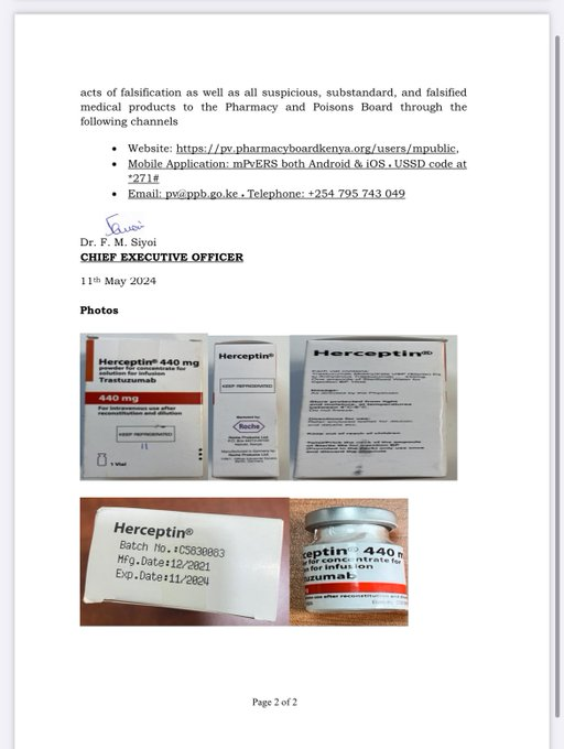 'PUBLIC NOTICE ON FALSIFIED BATCH OF HERCEPTIN 440MG (TRASTUZUMAB 440MG) PRODUCT BATCH NO. C5830083 MANUFACTURED IN GERMANY BY: ROCHE PRODUCTS LTD' via @ppbkenya. COFPAK wish to thank PPB for this swift move, we ask that more effort be focused on oncology centers & care providers