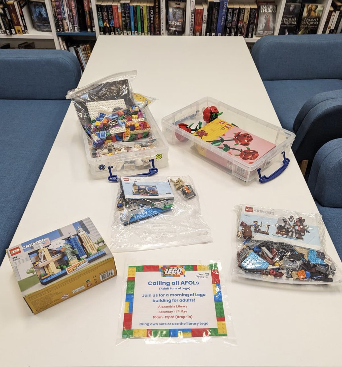 Getting ready for our Adult Fans of Lego session at #Alexandria library this morning 🙌 10am-12pm, drop-in, no need to book. Use your own sets or use the library’s Lego. Bring a friend or come along and make new ones. We can’t wait to see you 😊