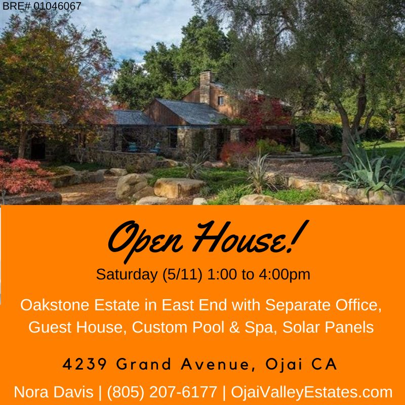 East End Ojai's Oakstone Estate is on the market and is open for viewing Saturday (5/11) 1:00 to 4:00! 

Stop by to see this unique stone home with a guest house, custom pool, solar panels, and more. 

#openhouse #openhousesunday #ojai #realestate