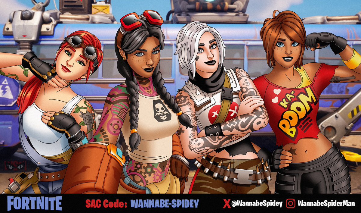 NEW FANART: I think these ladies would make a great squad of friends. Clip (Weaponsmith) Jules (Engineer) Tess (Mercenary) TNTina (Demolitionist) The tattoos took the longest to draw! I hope you like it! #Fortnite #FortniteArt