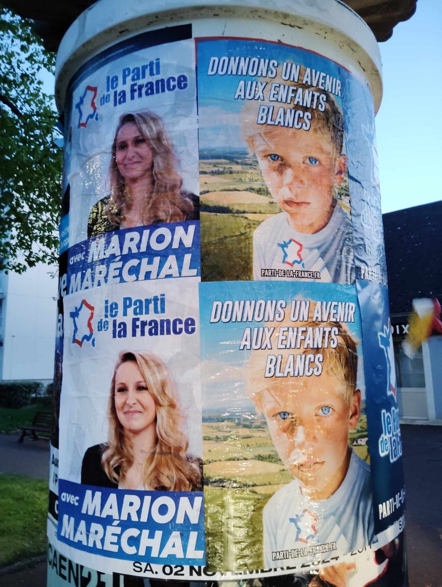 'Les enfants blancs'... Ca nous rajeunit : depuis 80 ans, personne ne nous avait vanté clairement la pureté de la race aryenne blonde aux yeux bleus. Bref, le nazisme. PS. Ce 'Parti de la France' a successivement appelé à voter Zemmour, Le Pen & M.Maréchal. Via @JeremyEldid