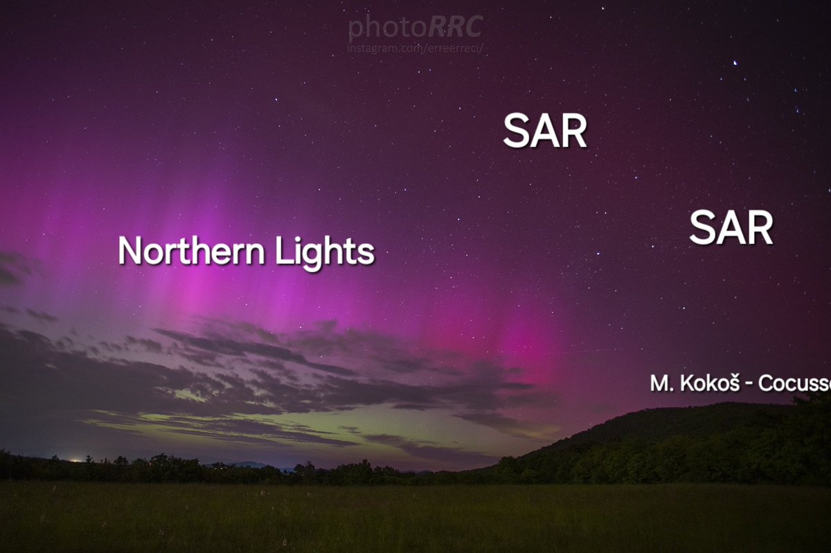 Once in a life night in the #alpeadria after an extreme Coronal Mass Ejection level G5 (source @NASA) from the Sun hit the Earth. In the edited photo by @RenatoRColucci1 both Stable Auroral Red arc and Northern Lights spotted in the coastal Karst last night