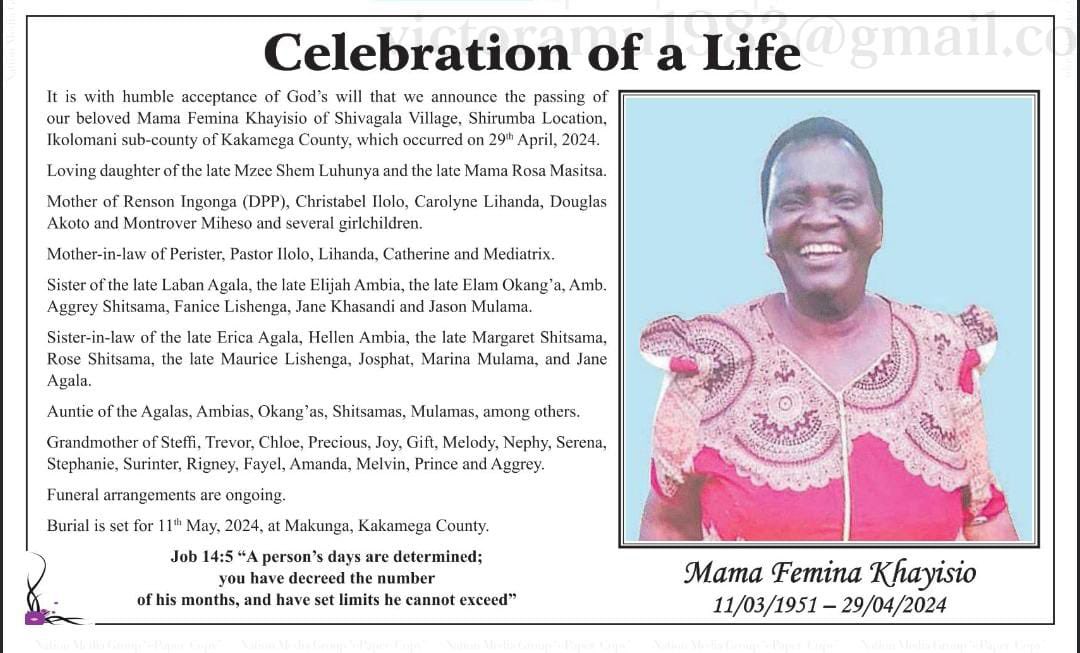 Today is the burial of DPP Benson Igonga’s mother. May she RIP