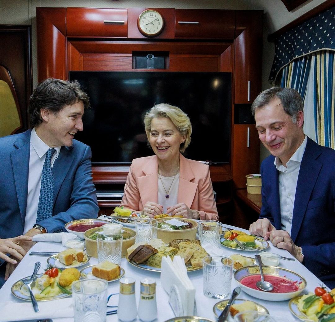 Yesterday in Lvov Ukraine, a young man blew himself to pieces with a grenade on the street rather than be abducted and sent to die in Von Der Leyens War. 

The images are too disturbing to share. 

Instead, Here's Ursula and Justin enjoying 'hospitality' on the train to Kiev