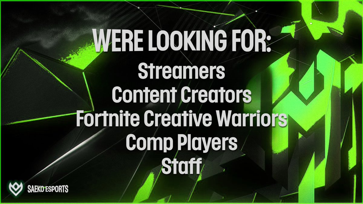 We're currently looking for:
- Streamers  
- Content Creators    
- Fortnite players    
- Comp Players    
- Staff

4.3K$+ combined earnings as a team so far konect.gg/saekogg

 RT + Reply with what you’re, we might have an opportunity for you💶
